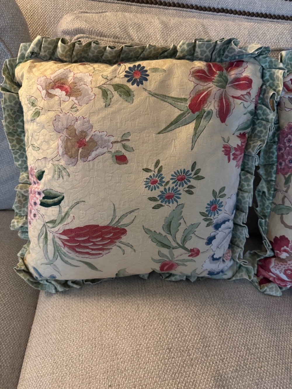 Floral Ruffled Throw Pillows- Pale Yellow with Pink & Green (Pair) - Picture 2 of 10